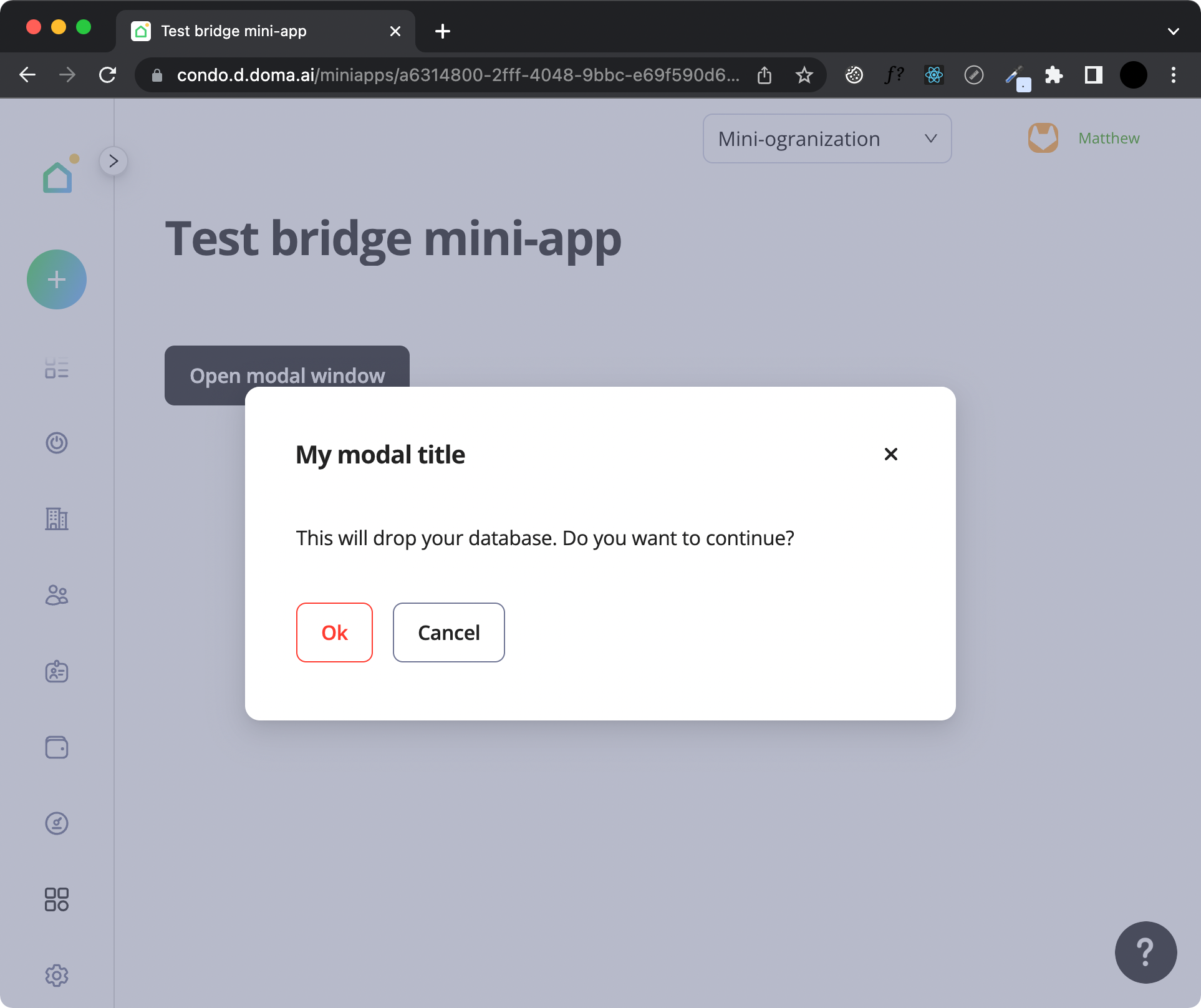 Opened modal window